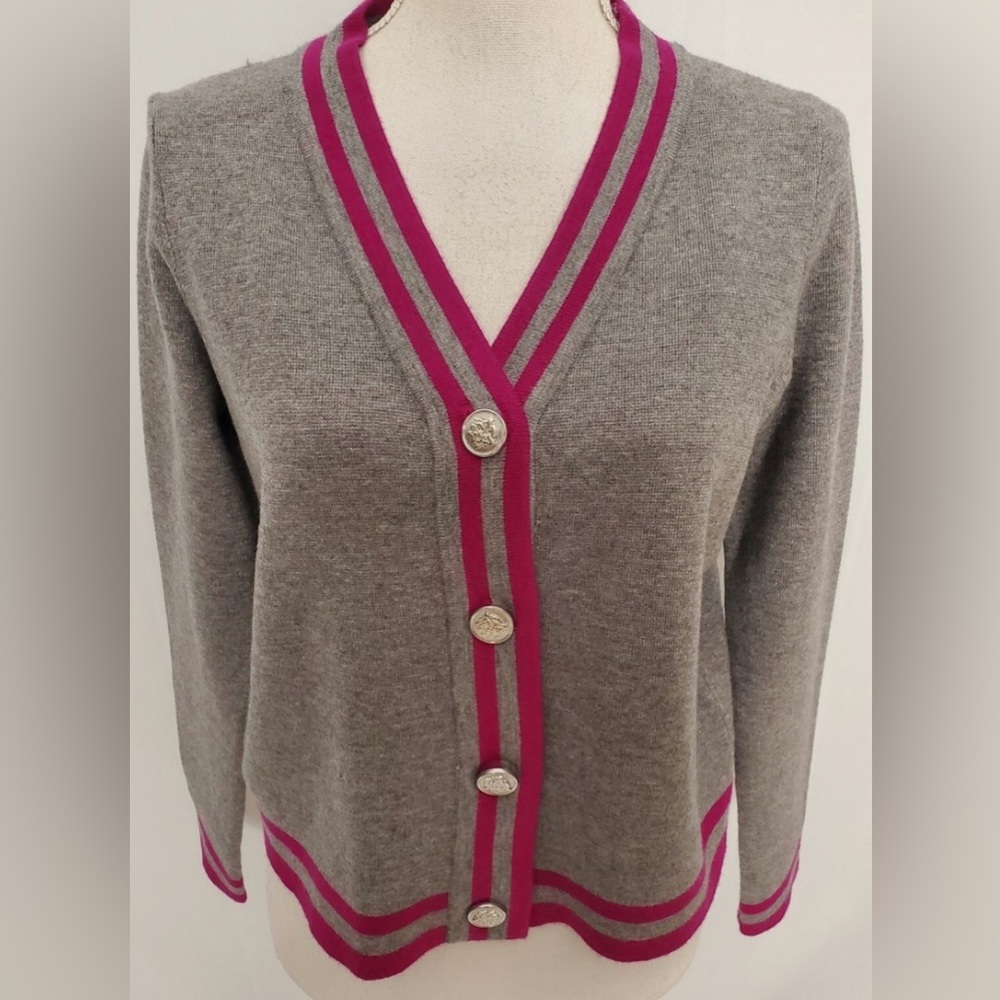 Cyrus Heather Gray Cardigan with Magenta Accents, Women’s Size Medium, Like New